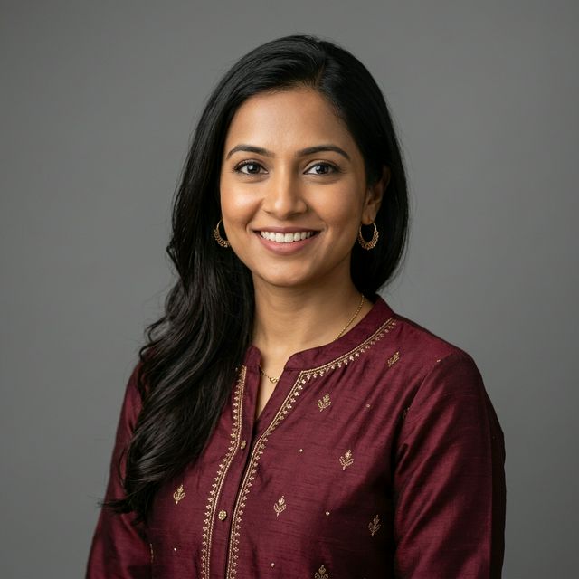 Portrait of Priya Sharma, textile importer from Surat